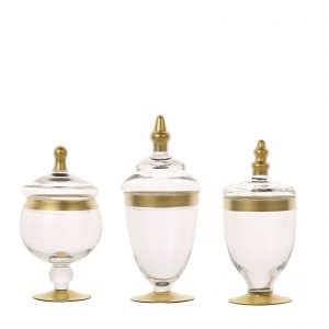 Set of 3 | Gold Trim Apothecary Glass Candy Jars With Lids – 9″/9″/8″